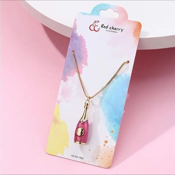 Elegant Pink Glitter Gold Rhinestone Champagne Bottle Pendant Necklace - Picture 5 of 5